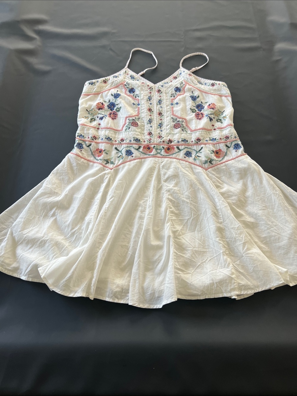 Lucky Brand White Sundress with Pink & Blue Embroidered Flowers